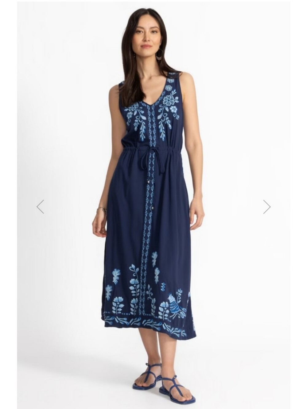 Johnny Was Navy Blue Embroidered Drawstring Knit V Neck Maxi Dress